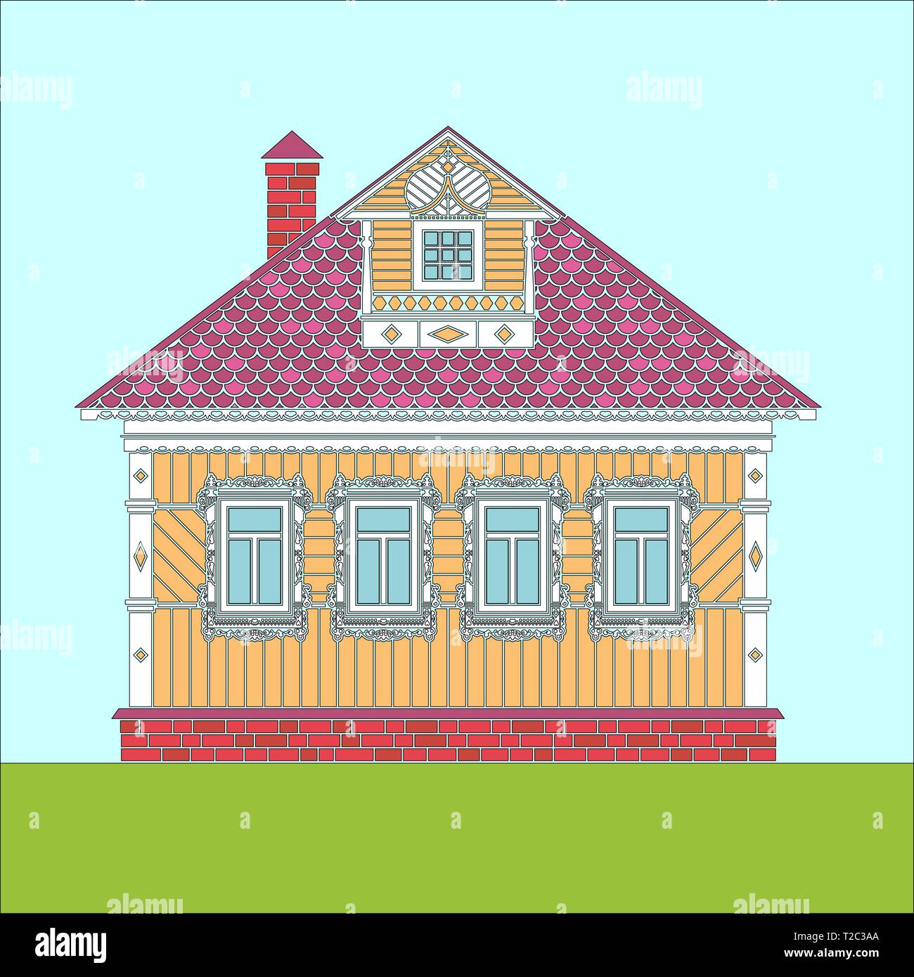 Deux étages traditionnel russe maison en bois. Les fenêtres et les détails sont décorées de sculptures. Vector illustration. Silhouette de couleur. Illustration de Vecteur