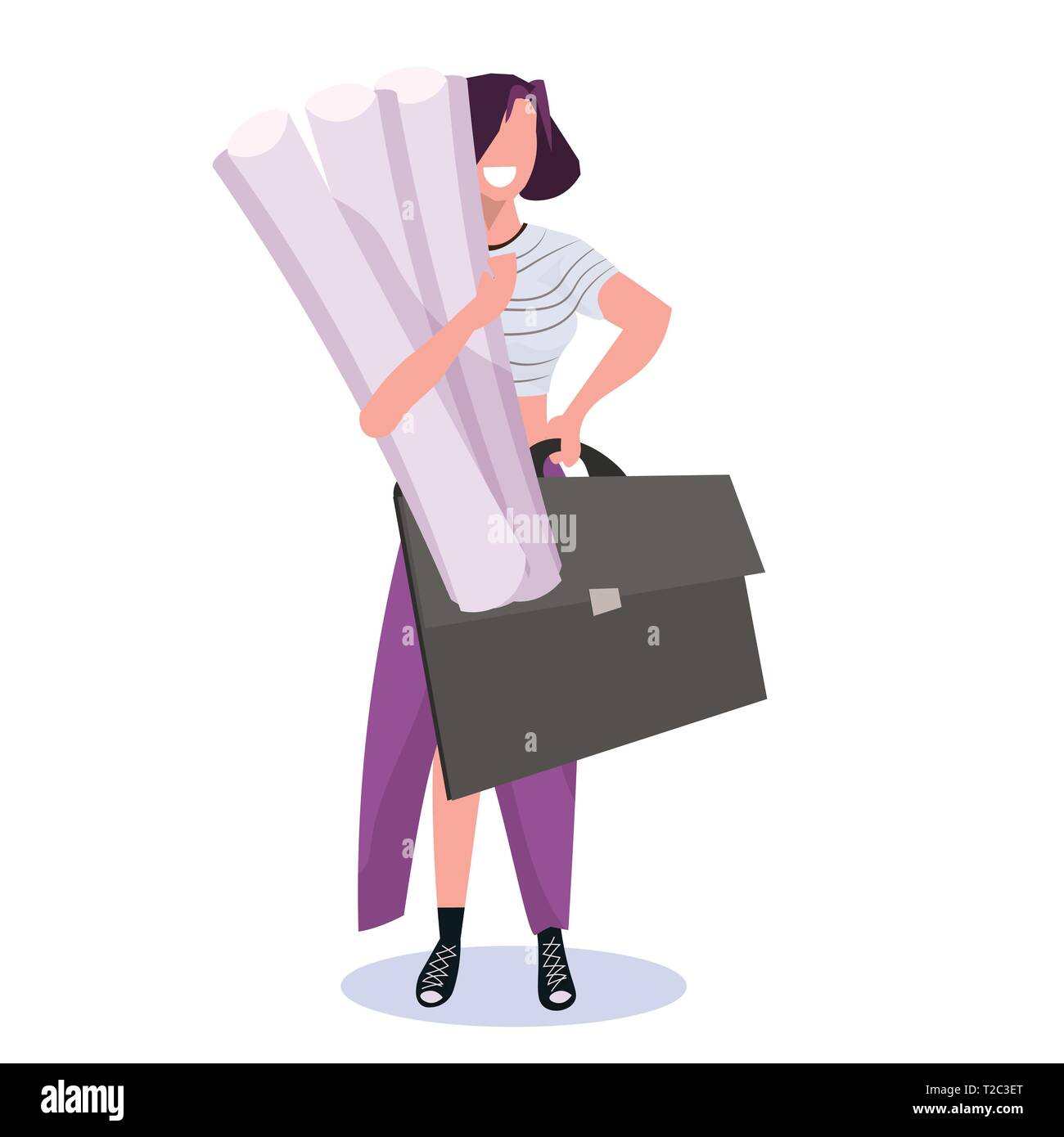 Woman architect holding rolled up plans happy female engineer le panoramique de l'industrie de la construction du projet concept occupation professionnelle pleine longueur Illustration de Vecteur