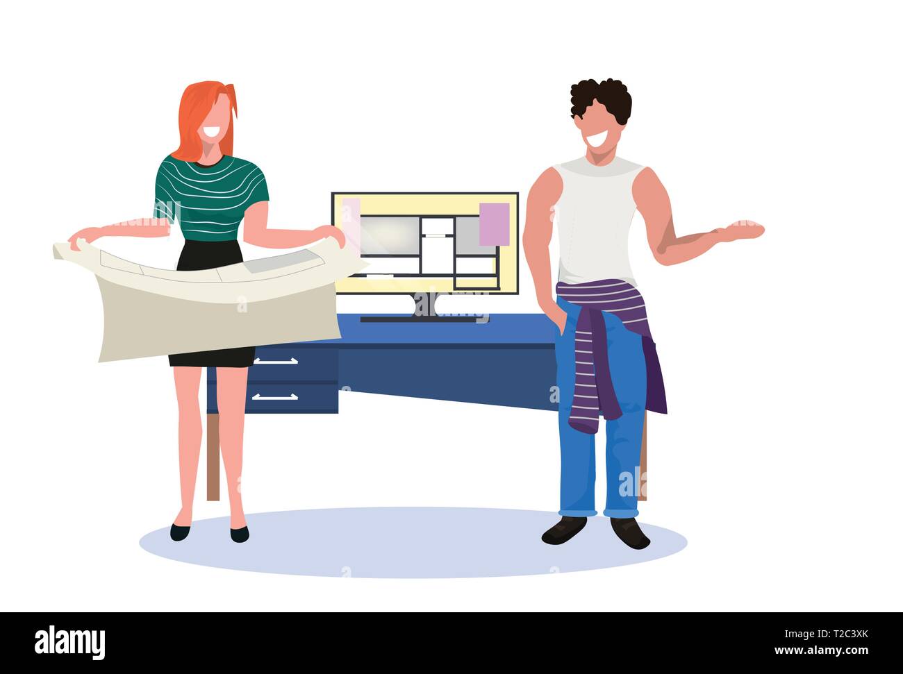 Couple holding blueprint architectes travaillant sur un logiciel informatique pour concevoir des ingénieurs de projet construction plan du concept d'architecture de l'équipe full Illustration de Vecteur