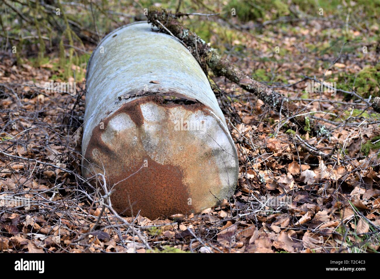 Long View de Rusty, galvanisé, cylindriques, réservoir d'eau abandonné dans une forêt feuillue et montrant un trou de rouille dans le fond circulaire. Seul, Banque D'Images