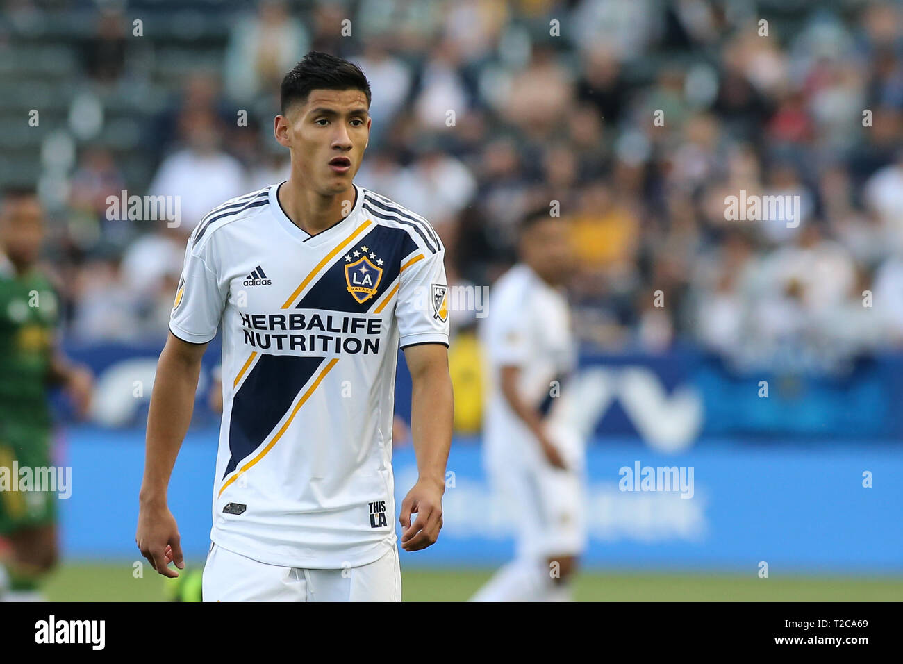 Carson, CA. Mar 31, 2019. Le milieu de terrain de Los Angeles Galaxy Uriel Antuna (18) au cours de la LA Galaxy vs Portland Timbers match au Complexe sportif de la santé à la dignité de Carson, Ca, le 31 mars 2019. Jevone Moore : csm Crédit/Alamy Live News Banque D'Images