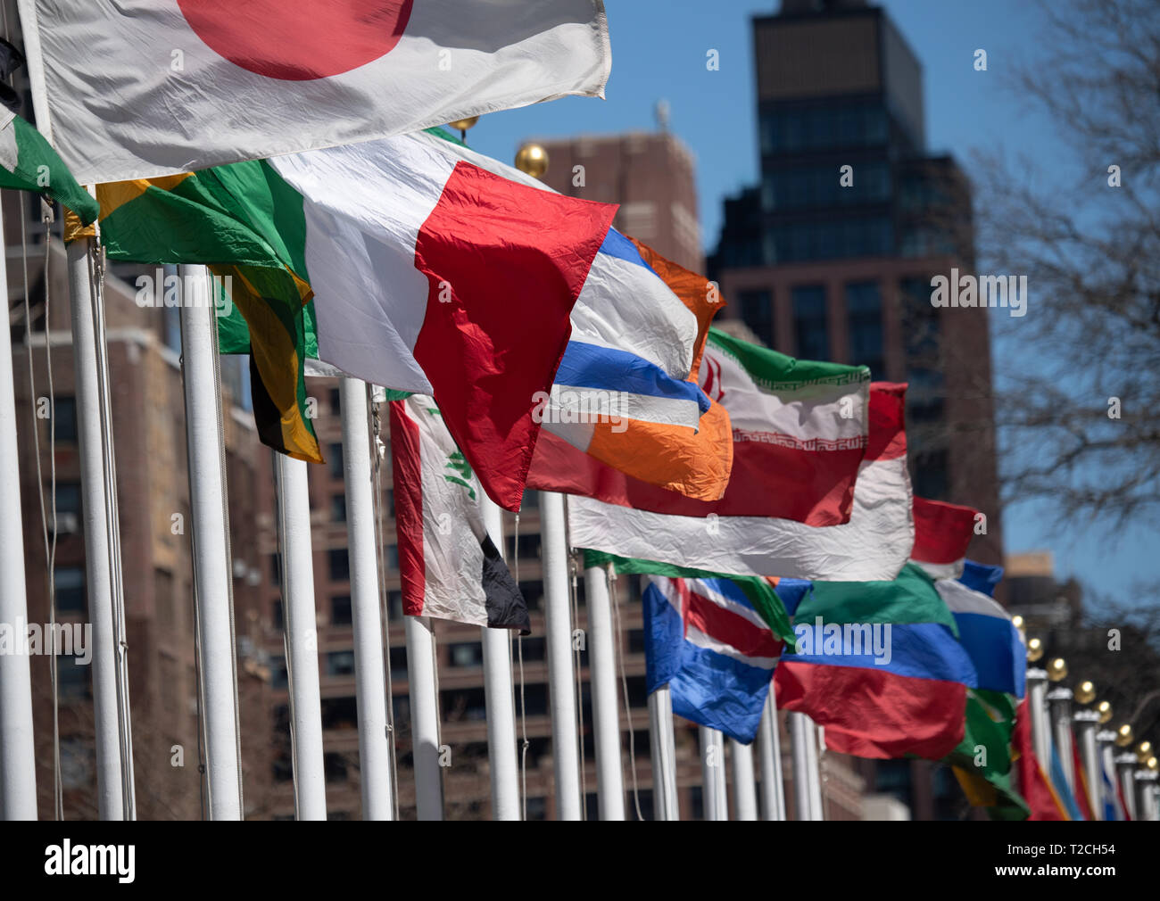 New York, USA. 01 avr, 2019. Drapeaux de divers membres voler en face de l'édifice de l'ONU. Pour la première fois, l'Allemagne prend la présidence du Conseil de sécurité. Credit : Ralf Hirschberger/dpa/Alamy Live News Banque D'Images