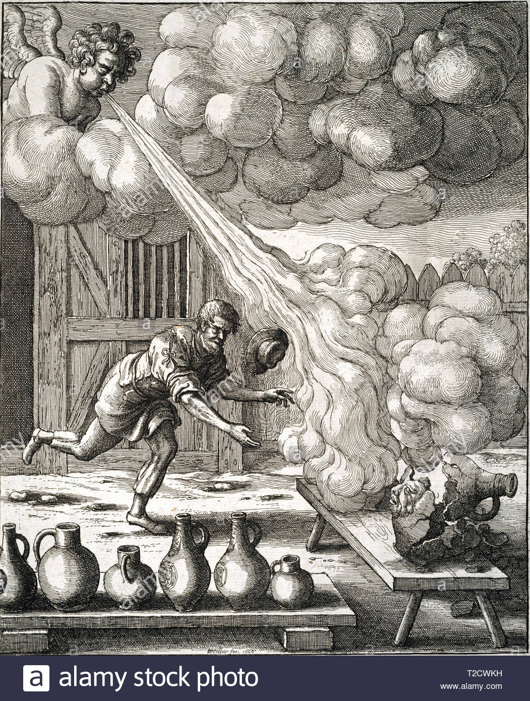 Le vent et la verseuse, illustration d'une fable par John Catholicus, gravure par Wenceslaus Hollar aquafortiste bohème à partir de 1600 Banque D'Images