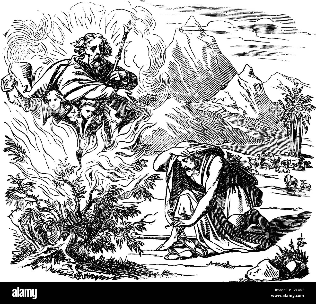 Antique Vintage illustration et dessin ou gravure d'histoire biblique de Moïse et le buisson ardent.De Biblische Geschichte des Alten und neuen Testaments, Allemagne 1859.Exode 3. L'homme à la recherche sur bush en flammes, Dieu apparaît au-dessus de lui. Illustration de Vecteur