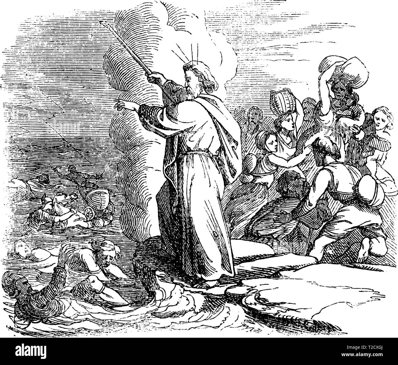 Antique Vintage illustration et dessin ou gravure d'histoire biblique du passage de la mer Rouge, Moïse est à la tête d'Israël, par le biais de l'armée égyptienne est noyé.De Biblische Geschichte des Alten und neuen Testaments, Allemagne 1859.Exode 13. Illustration de Vecteur
