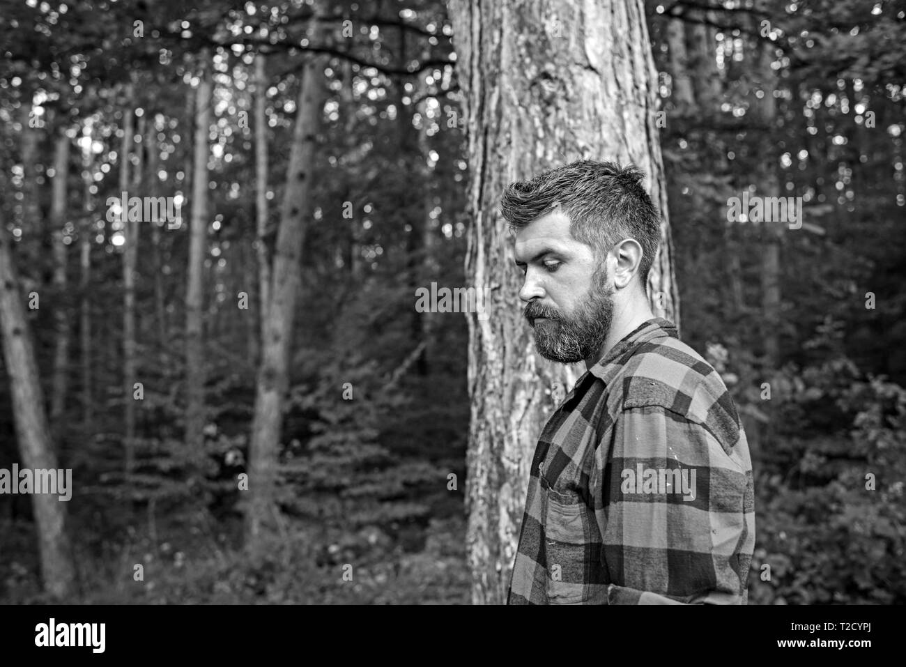 Homme barbu réfléchie en chemise de bûcheron seul dans la forêt ou le parc. Handsome hiker bénéficiant de sa propre nature. Mode de vie actif, voyager et solitud Banque D'Images