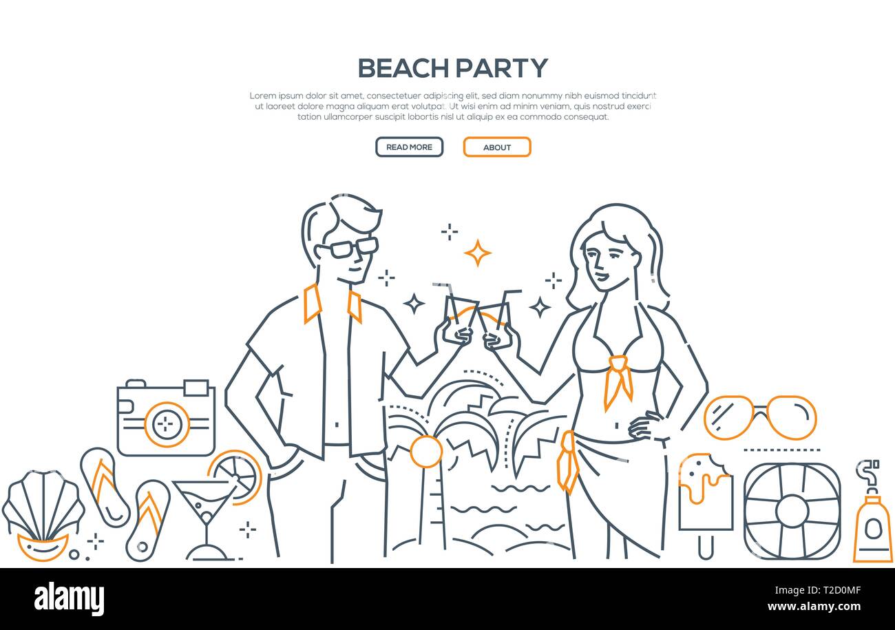 Beach Party - ligne moderne style design bannière sur fond blanc avec copie espace pour le texte. La composition avec un jeune homme et femme avec des cocktails, sli Illustration de Vecteur