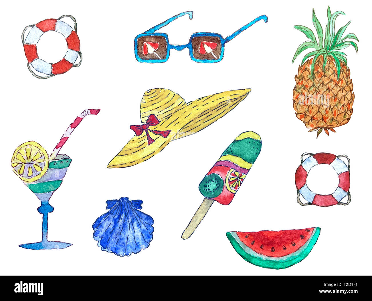 Aquarelle jeu été isolé sur fond blanc. Faites à la main. Banque D'Images
