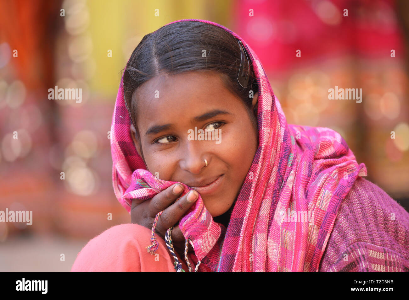 Le portrait de jeune femme en fort Jaisalmer avec colorful pink sari Banque D'Images
