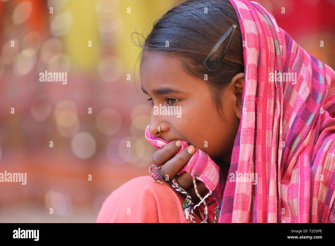 Le portrait de jeune femme en fort Jaisalmer avec colorful pink sari Banque D'Images