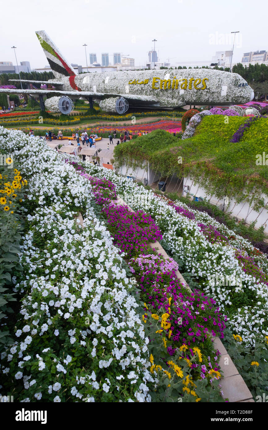 Bordée de fleurs unis avion à l Jardin Miracle, Dubaï, Émirats Arabes Unis Banque D'Images