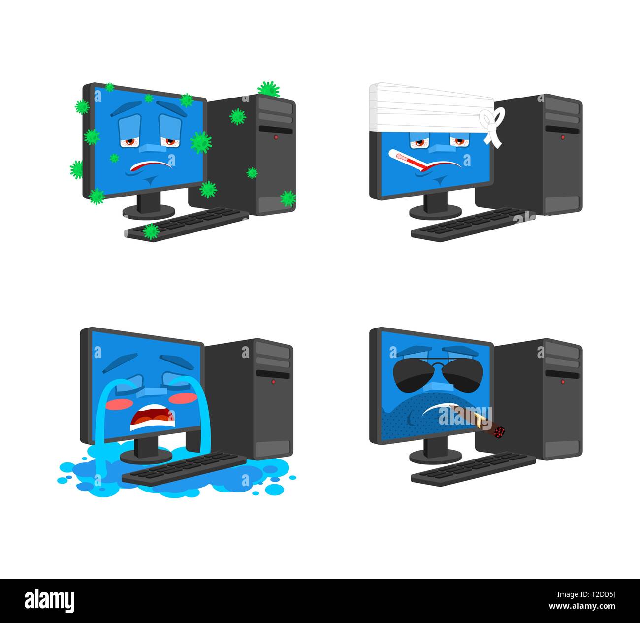 Ordinateur. emoji PC malade et triste. Bandées et brutal. Collection de situations de traitement de données Illustration de Vecteur