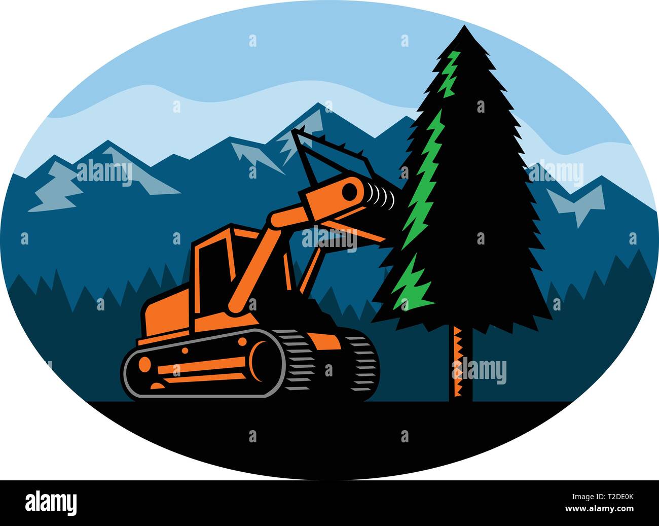 Retro style illustration d'un tracteur à chenilles ou des forêts de paillage broyeur abattre un pin avec forêt et montagnes situé à l''intérieur sur ovale isola Illustration de Vecteur