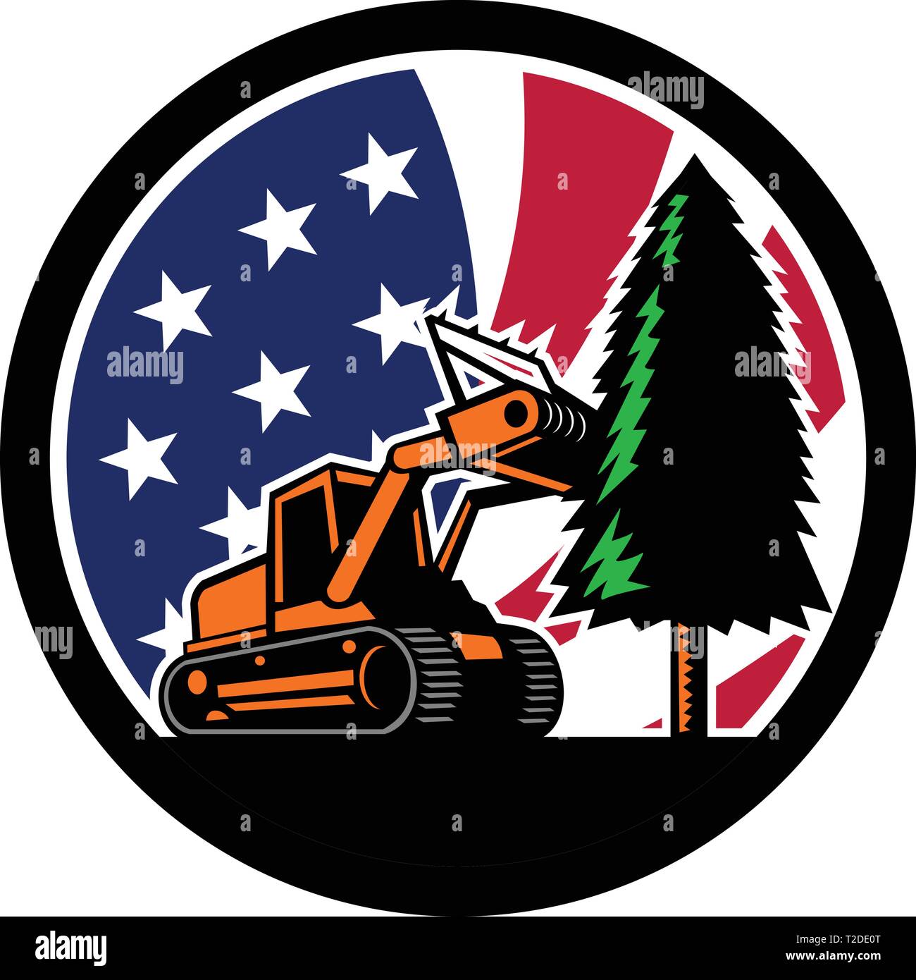 Retro style illustration d'un tracteur à chenilles ou des forêts de paillage broyeur abattre arbre avec American stars and stripes USA flag à l'intérieur du cercle l Illustration de Vecteur