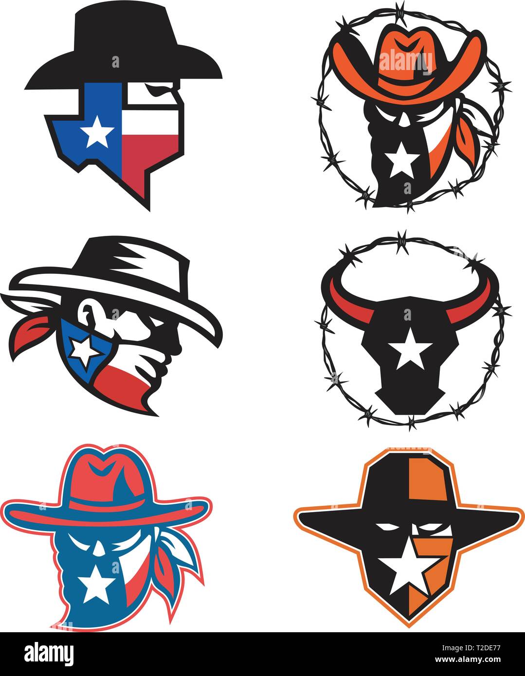 Icône mascotte illustration de tête d'un bandit ou hors-Texan et un taureau texan longhorn sur fond isolé en style rétro. Illustration de Vecteur
