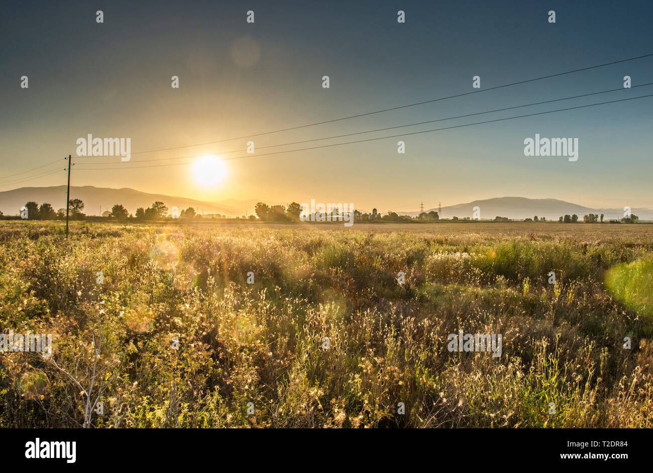 Coucher du soleil - plaine Pelagonia, Novaci Municipalité, Macédoine Banque D'Images