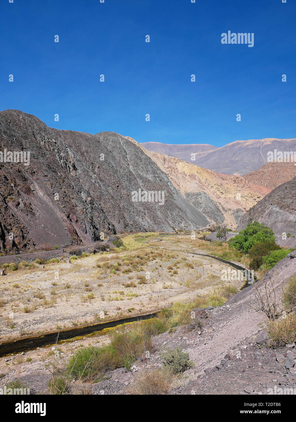 La vue panoramique de la Quebrada del Toro, roches rouges et de cactus Banque D'Images