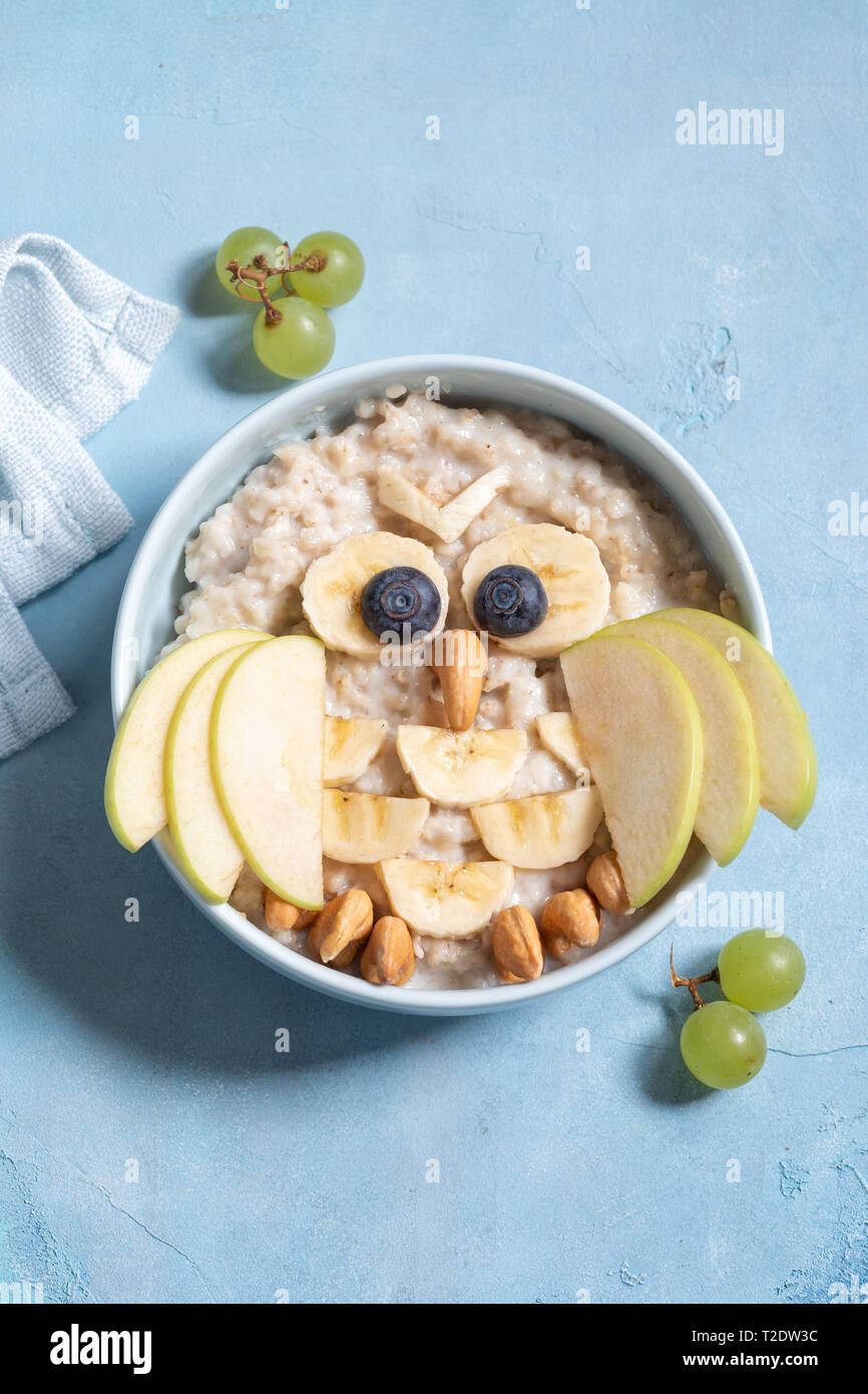 Petit-déjeuner enfants avec bouillie de fruits et noix l'air d'un hibou Banque D'Images
