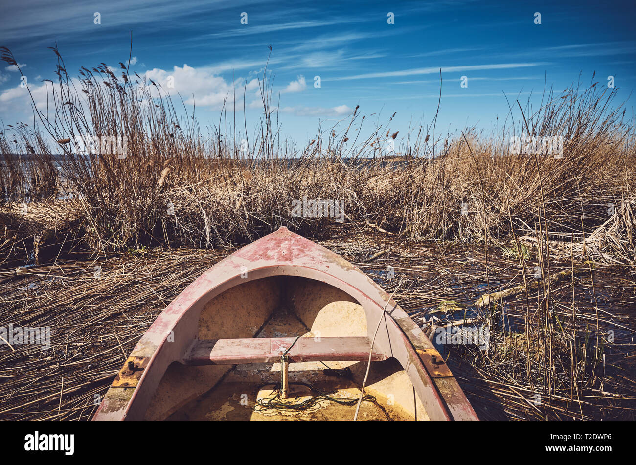 Retro photo aux couleurs d'une petite barque de pêche dans les roseaux. Banque D'Images