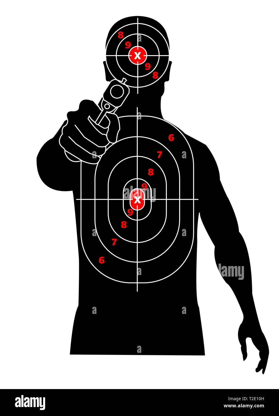 Le tir sur cible. Silhouette d'un homme avec fusil à la main, criminel, délinquant. Cible sur sa poitrine et la tête Illustration de Vecteur