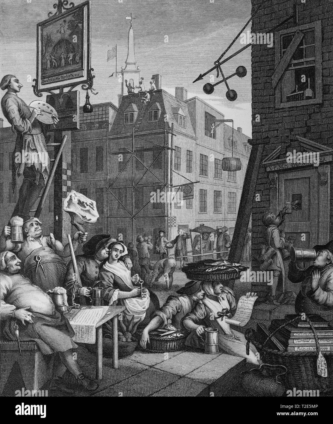 William Hogarth gravure impression Rue de la bière et le Gin Lane Beer Street Banque D'Images
