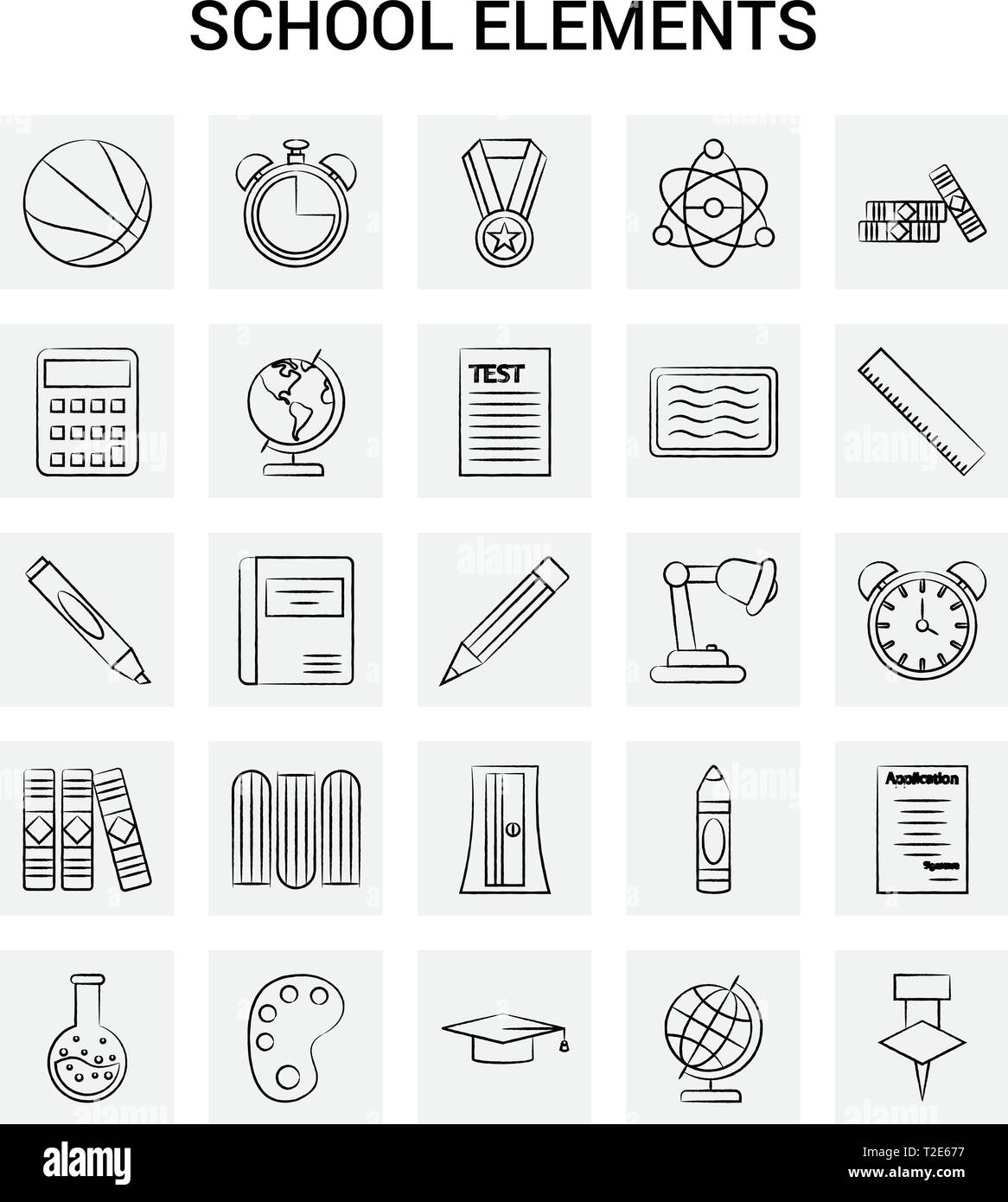 25 éléments de l'école à la main jeu d'icônes. Doodle Vecteur Fond gris Illustration de Vecteur