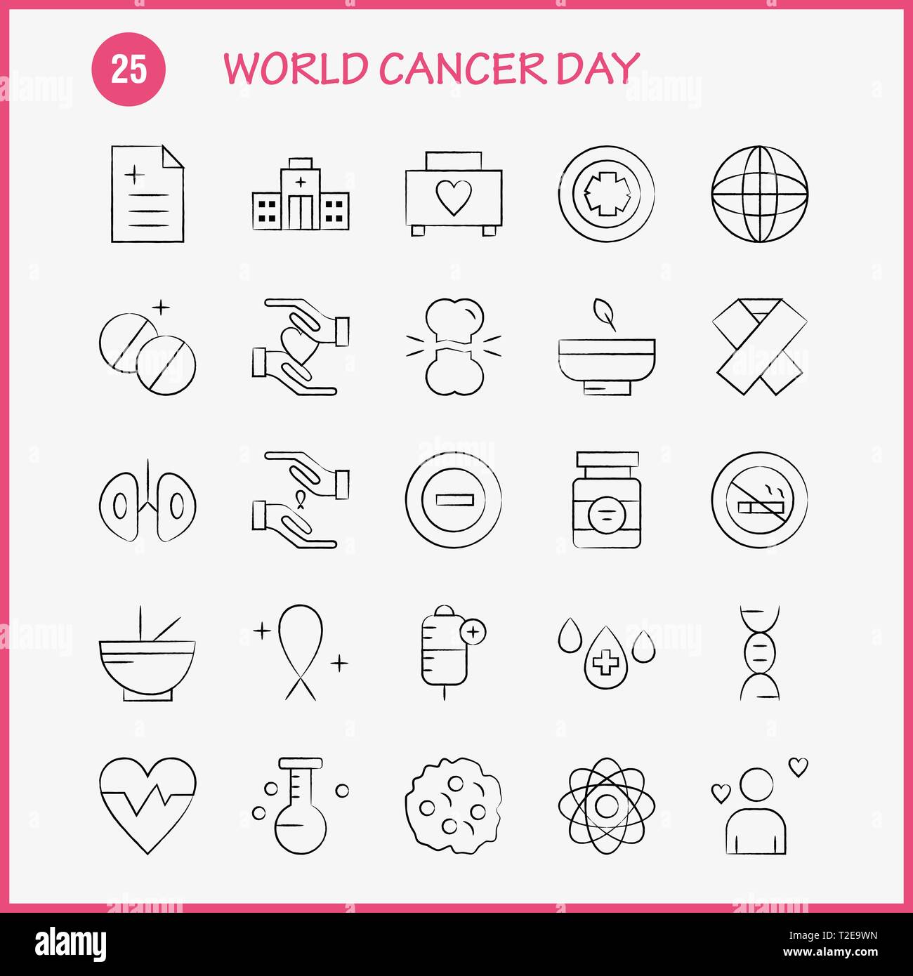 Journée mondiale contre le cancer à la main Icons Set pour l'infographie, Mobile UX/UI Kit et Print Design. Inclure : les mains, ruban, l'amour, romantique, rapport, l'amour, Roman Illustration de Vecteur
