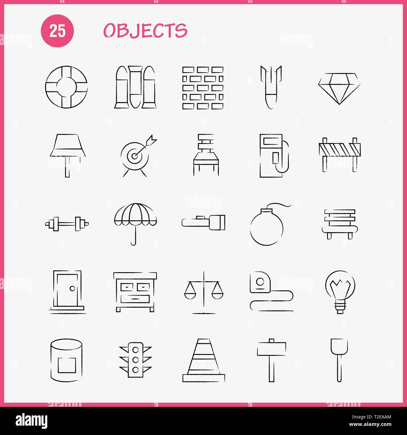 Dessiné à la main objets Icon Pack pour les concepteurs et les développeurs. Icônes des Bulls Eye, But, objectif, Objet, Lampe, lumière, idée, Vector Illustration de Vecteur