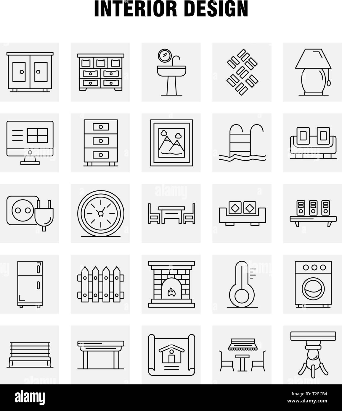 Interior Design Line Icons Set pour l'infographie, Mobile UX/UI Kit et Print Design. Inclure : médical, dossier, document, , Bidet, des meubles, de l'eau, Illustration de Vecteur