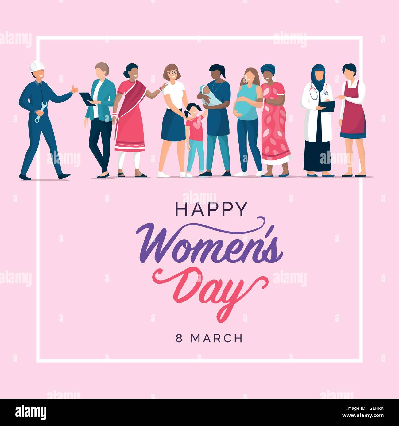 Heureux de la journée de la femme et les médias sociaux conception post avec diverses femmes Standing together Illustration de Vecteur