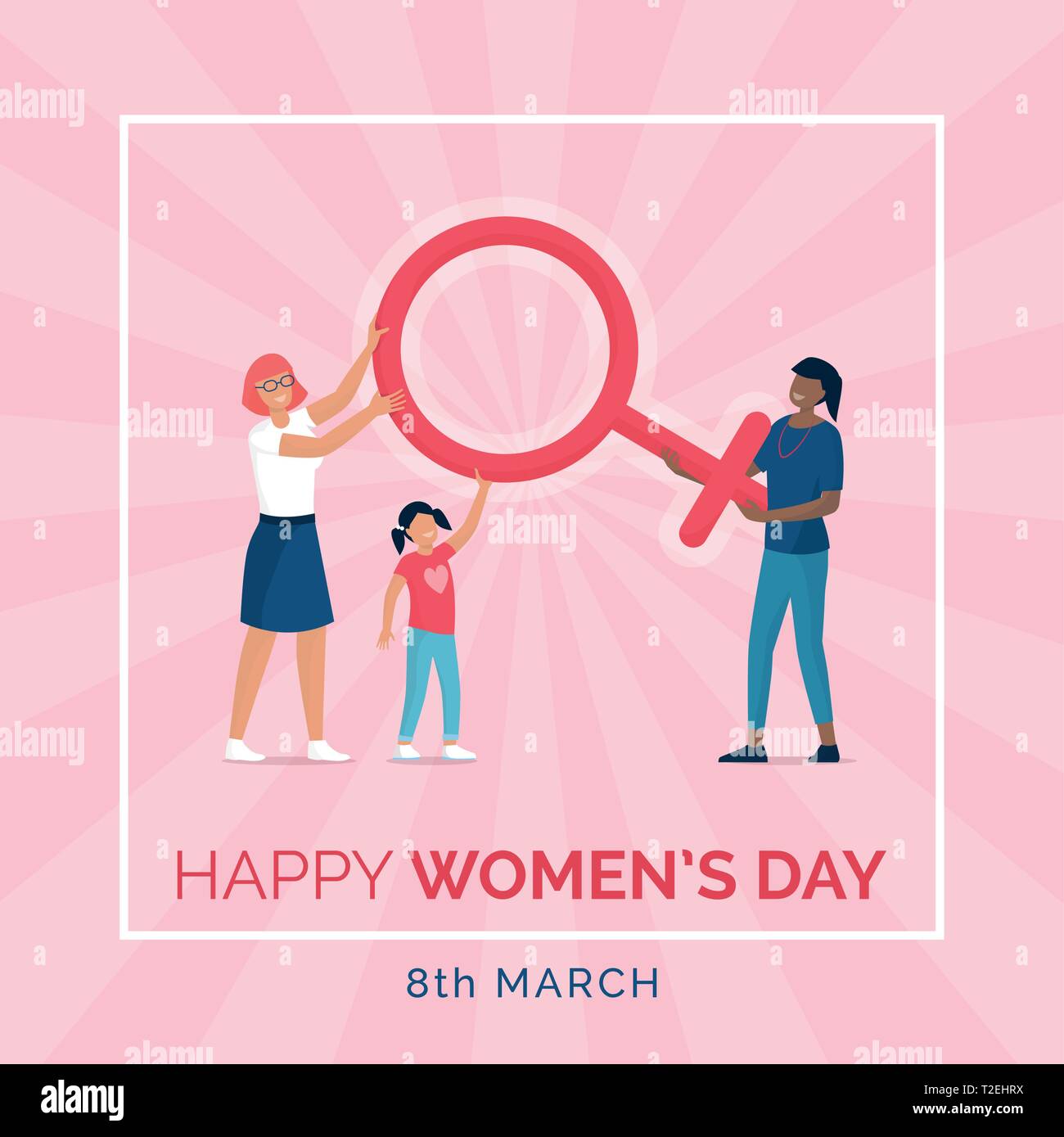 Heureux de la journée de la femme et les médias sociaux conception post avec des femmes portant un symbole féminin Illustration de Vecteur