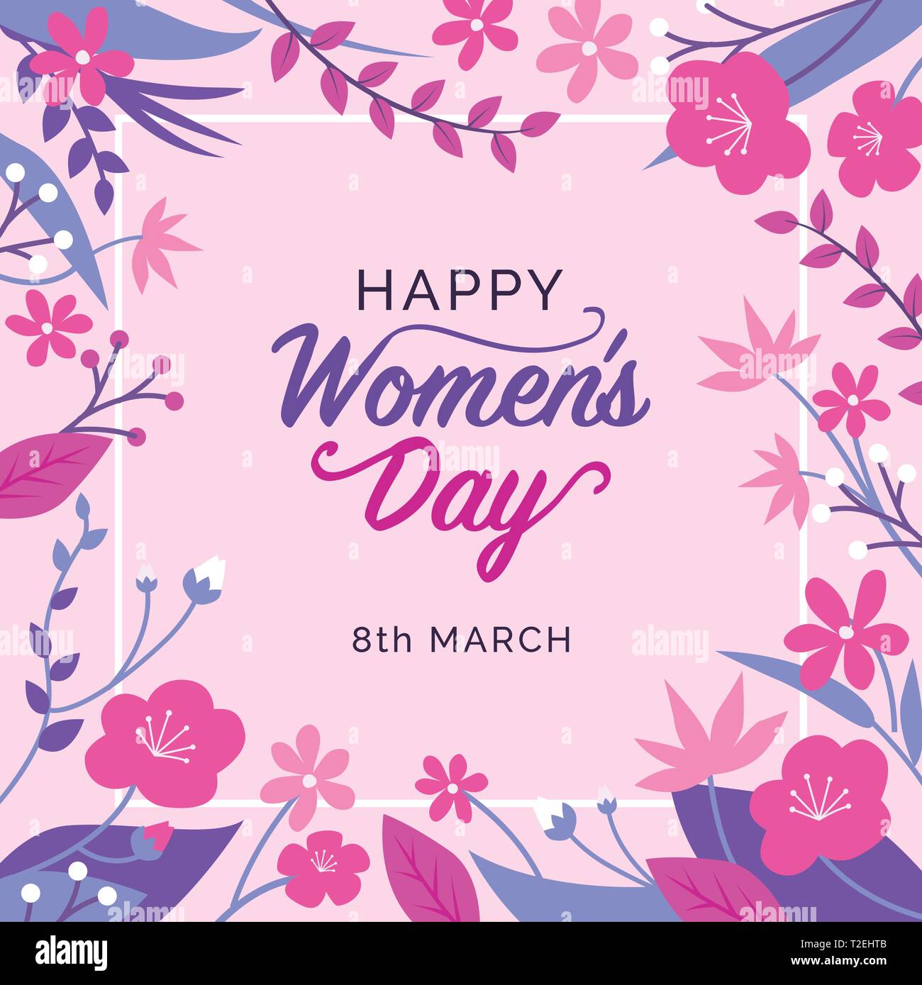 La journée de la femme heureuse et conception de médias sociaux poster avec spring floral frame Illustration de Vecteur