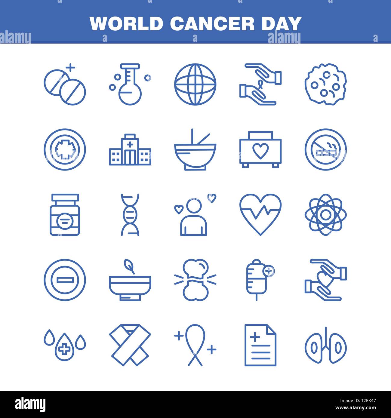 Journée mondiale contre le cancer Line Icons Set pour l'infographie, Mobile UX/UI Kit et Print Design. Inclure : les mains, ruban, l'amour, romantique, rapport, l'amour, romantique, V Illustration de Vecteur