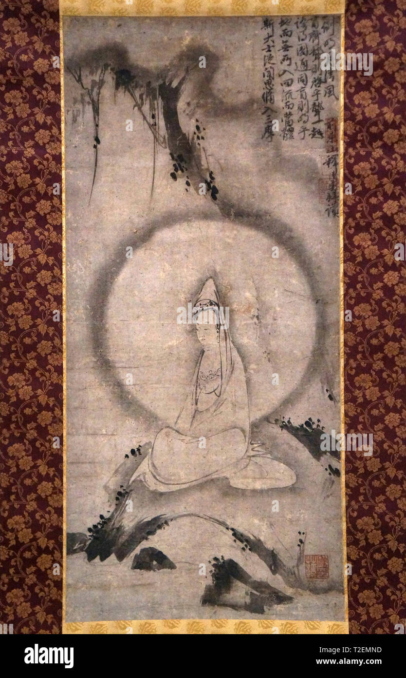 Kannon (Avalokitesvara) en robe blanche, par Kenchu Seiyu, encre sur papier, 14ème siècle, période Nanbokucho Banque D'Images