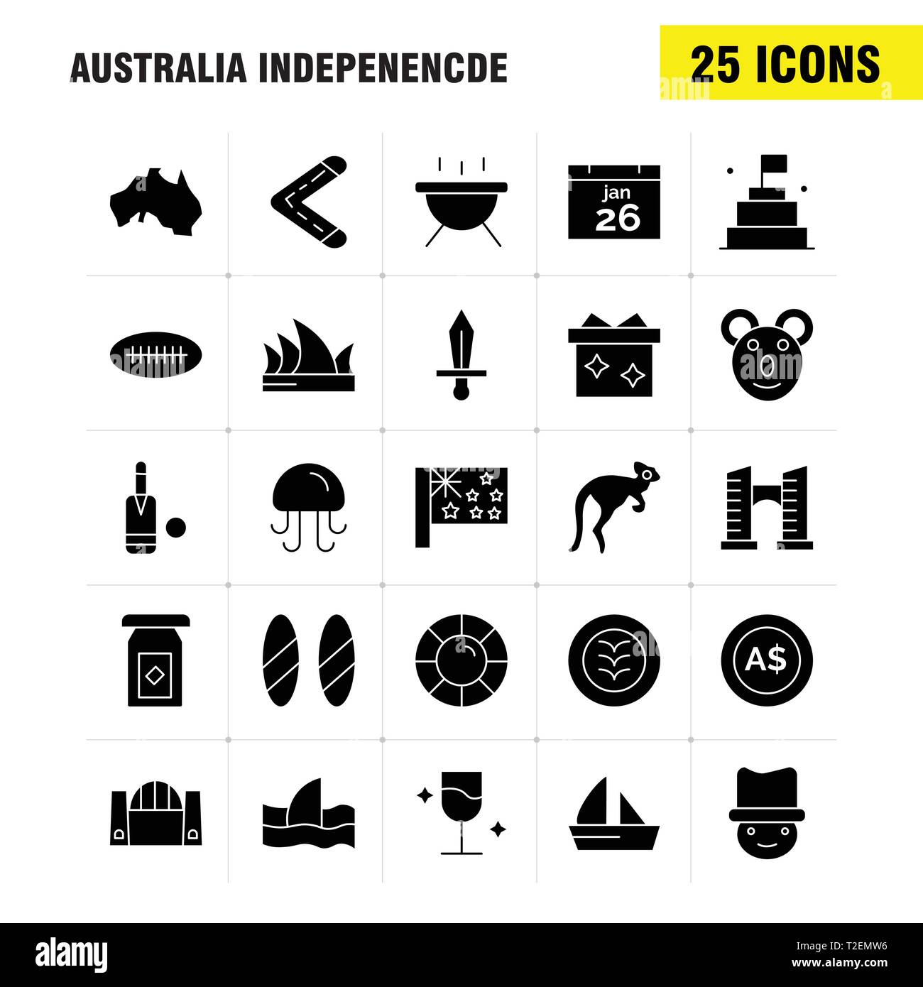 L'indépendance de l'Australie l'icône glyphe solide Pack pour les concepteurs et développeurs. Icônes d'animal, de méduses, de la mer, fruits de mer, responsable sécurité, assurance, protection Illustration de Vecteur