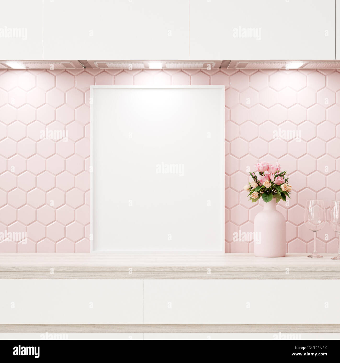 Maquette affiche en rose pastel cuisine intérieur, 3D render Banque D'Images