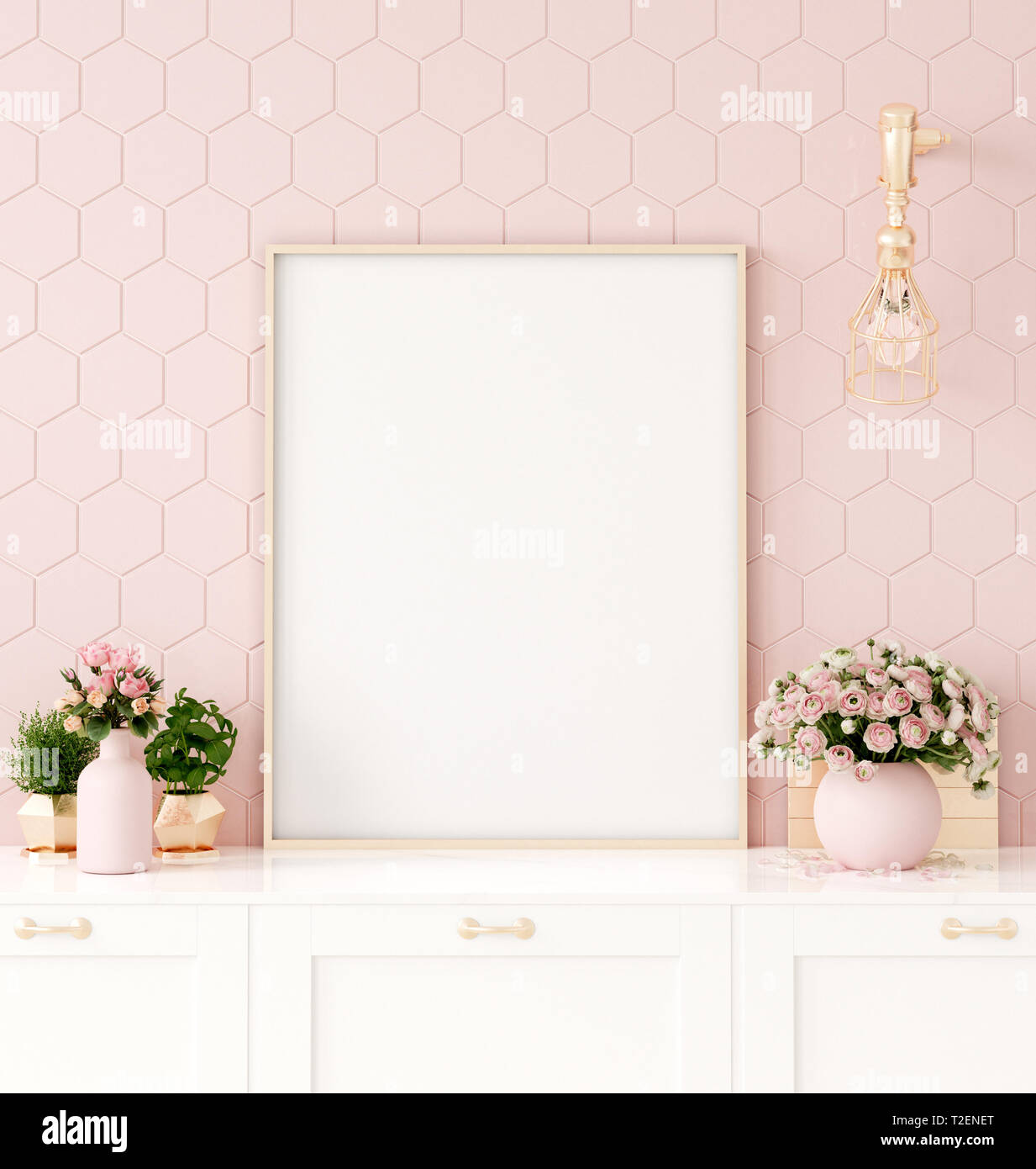 Maquette affiche en rose pastel cuisine intérieur, 3D render Banque D'Images