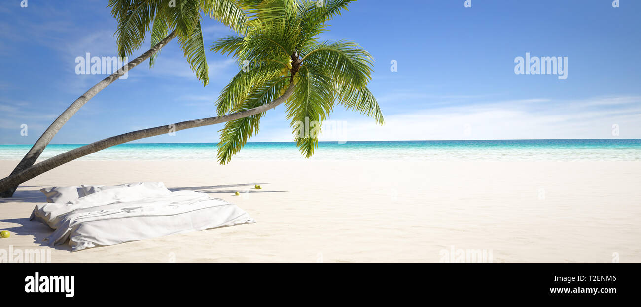 Sous le lit dans palm beach tropical avec vue sur l'océan, vacances et d'été, concept 3D render Banque D'Images