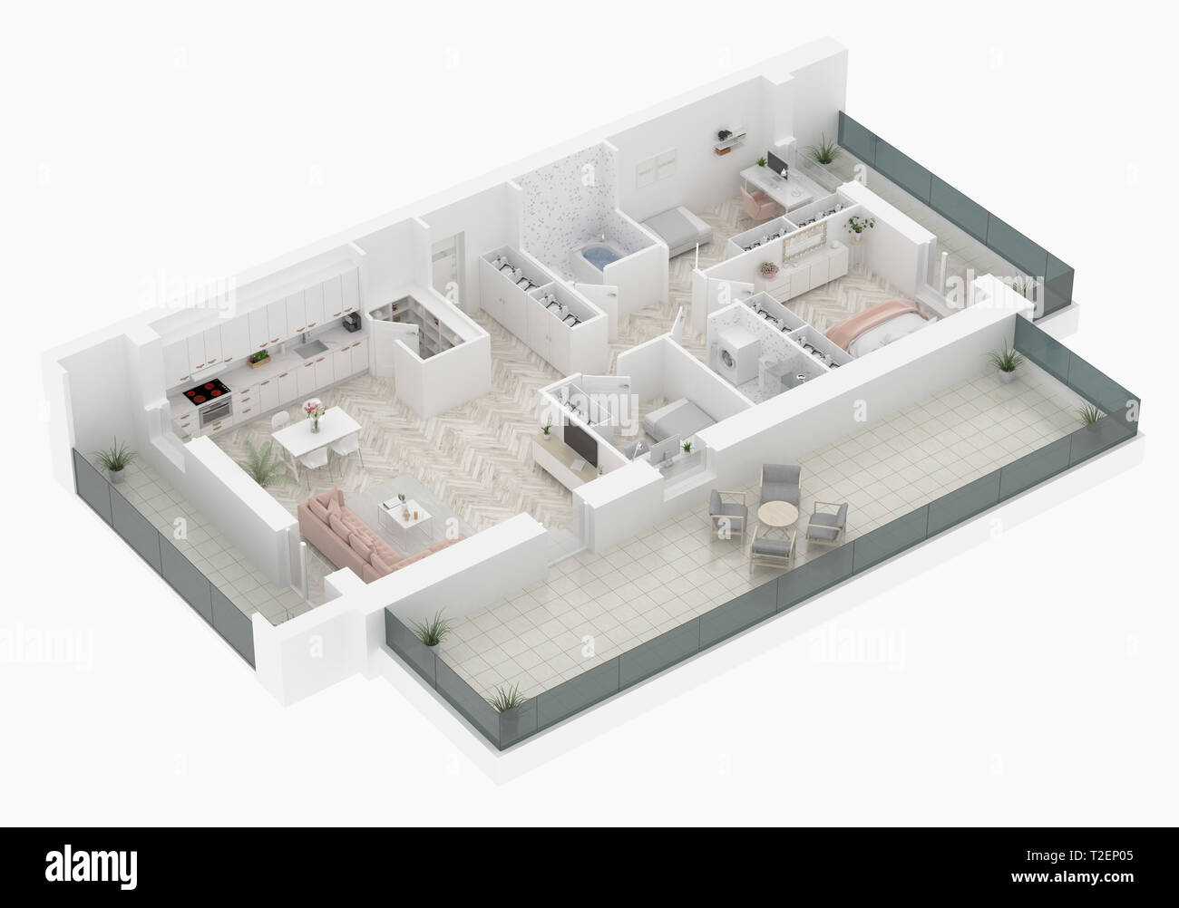 Plan d'étage d'une maison Vue de dessus 3D illustration. Ouvrir concept living appartements Banque D'Images
