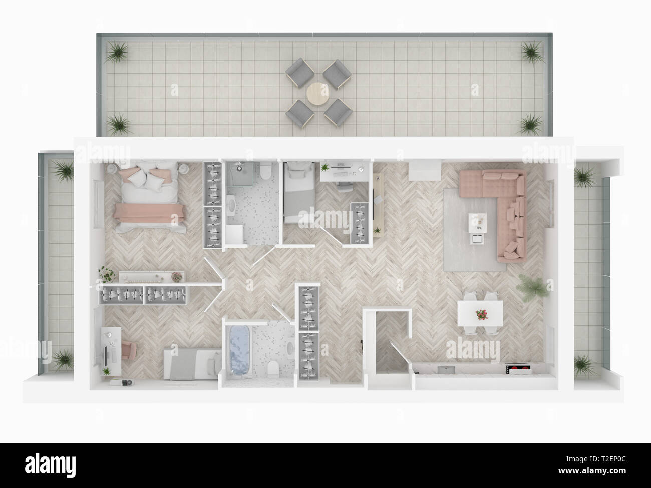 Plan d'étage d'une maison Vue de dessus 3D illustration. Ouvrir concept living appartements Banque D'Images