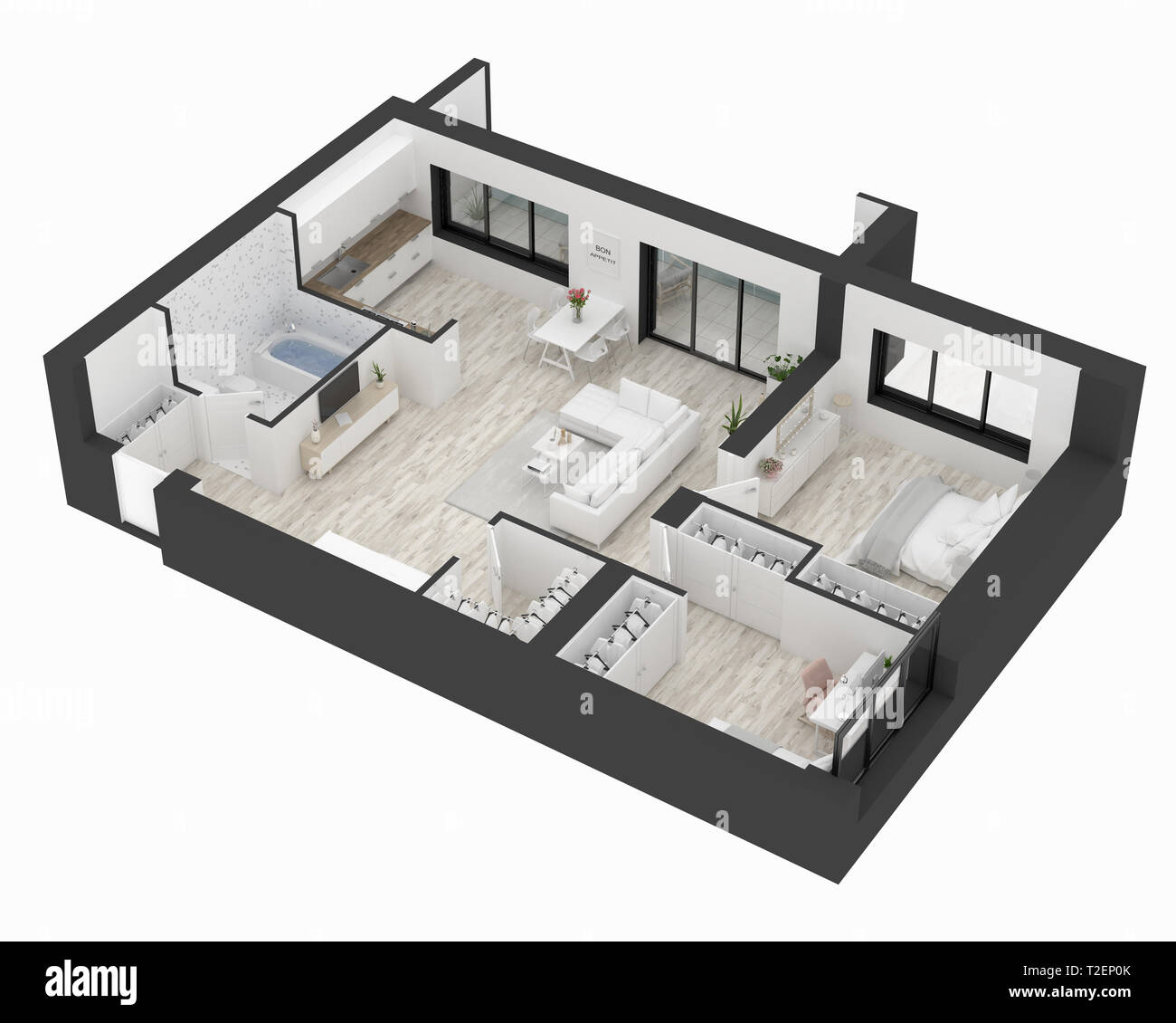 Plan d'étage d'une maison Vue de dessus 3D illustration. Ouvrir concept living appartements Banque D'Images