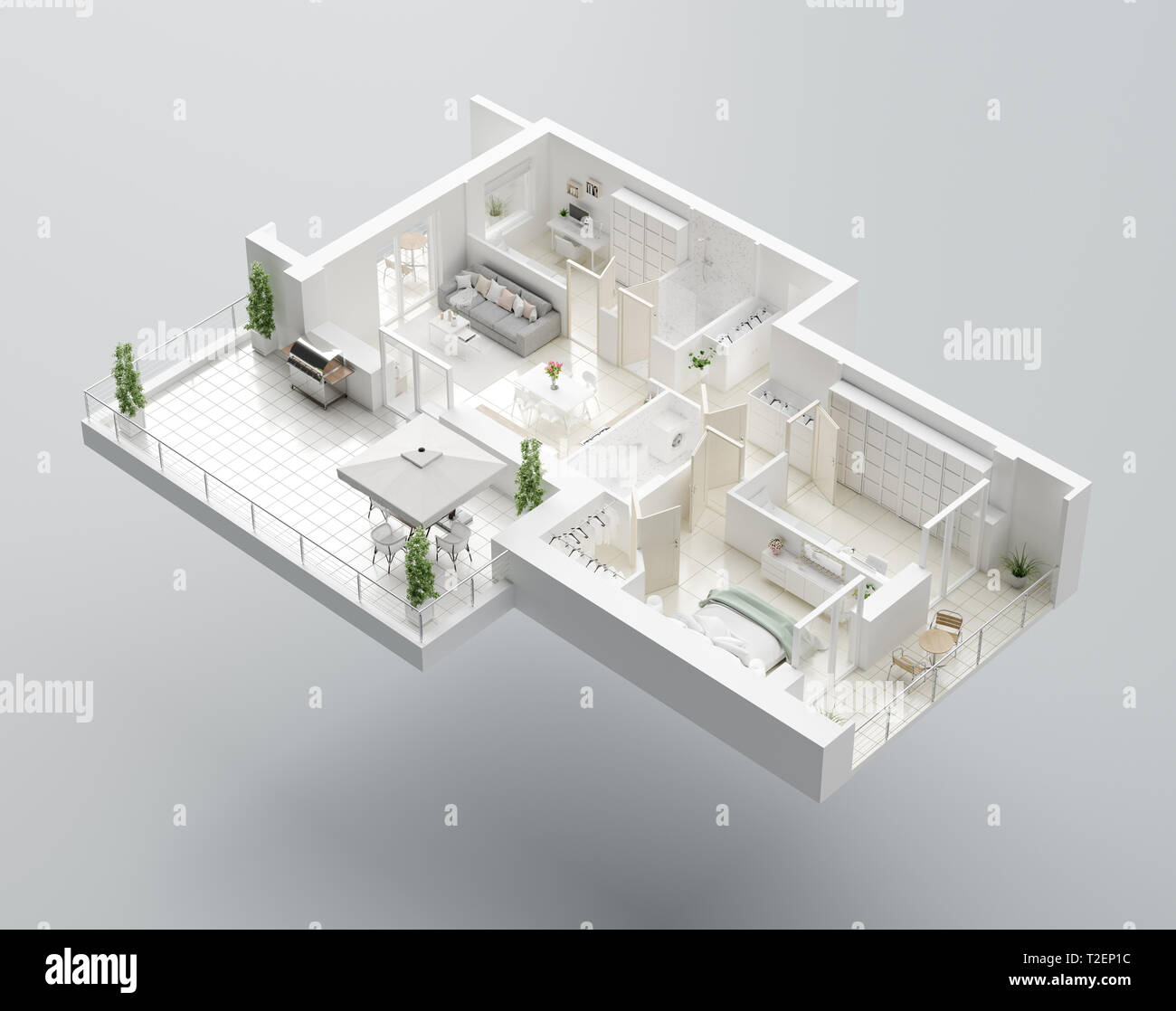 Plan d'étage 3D d'une maison, 3D illustration. Ouvrir concept living appartements Banque D'Images