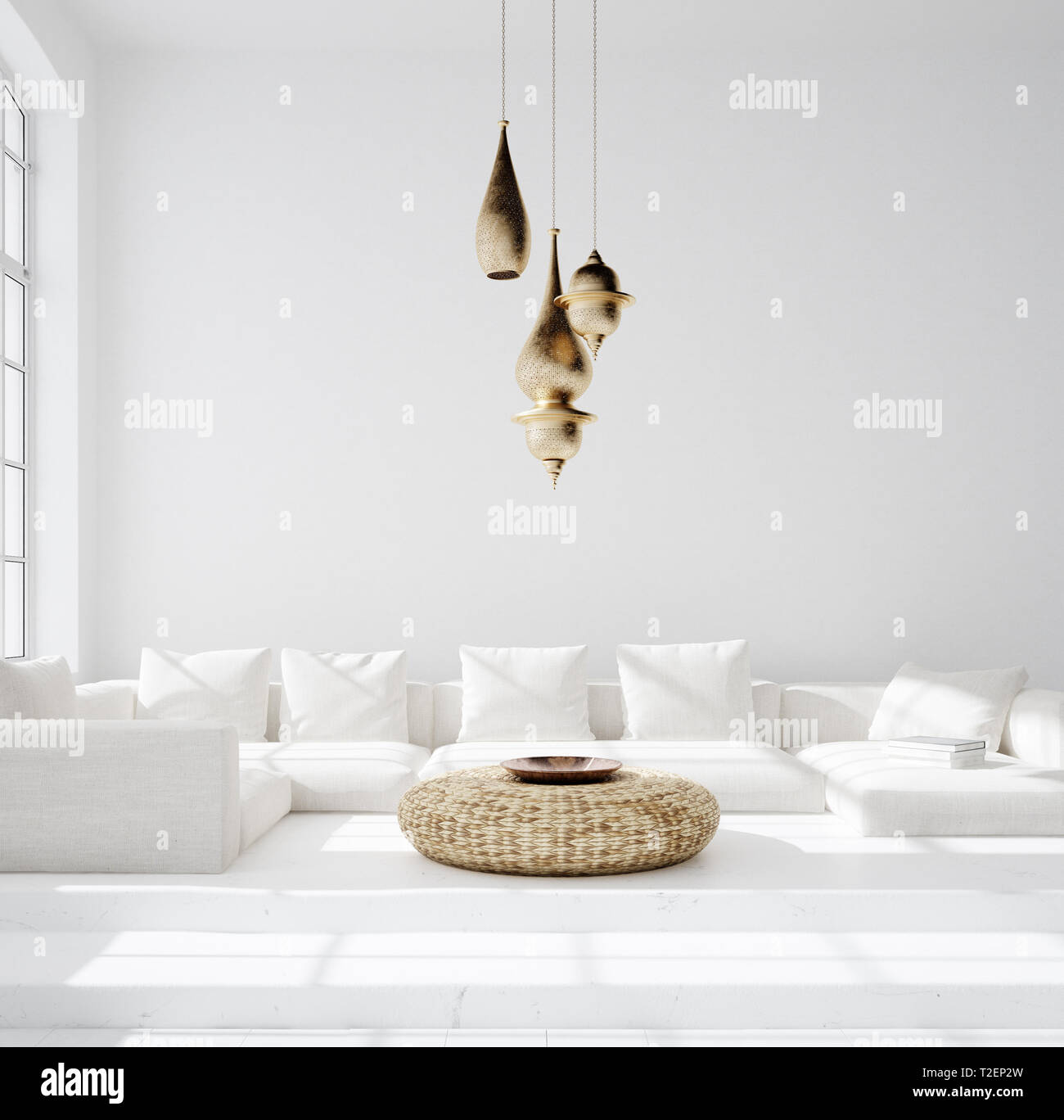 Lumineux et spacieux séjour bohème, Scandi-style Boho, 3D render Banque D'Images