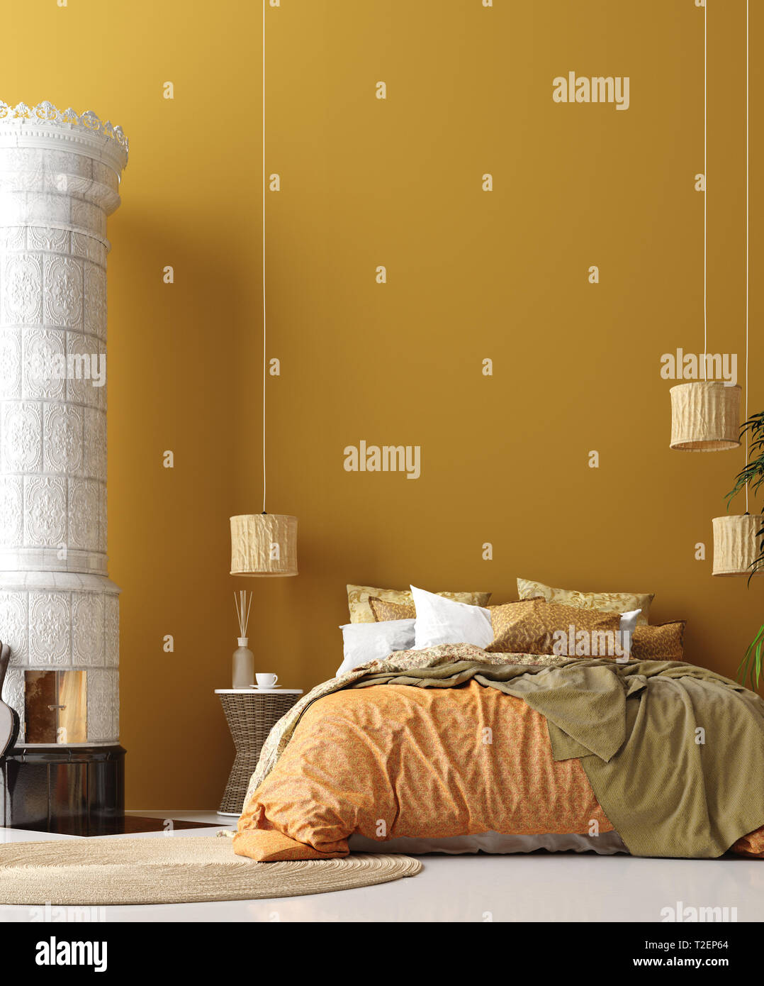 Dans l'intérieur de chambre à coucher de style bohème avec lit à motifs floraux et de rendu 3D, angle Banque D'Images