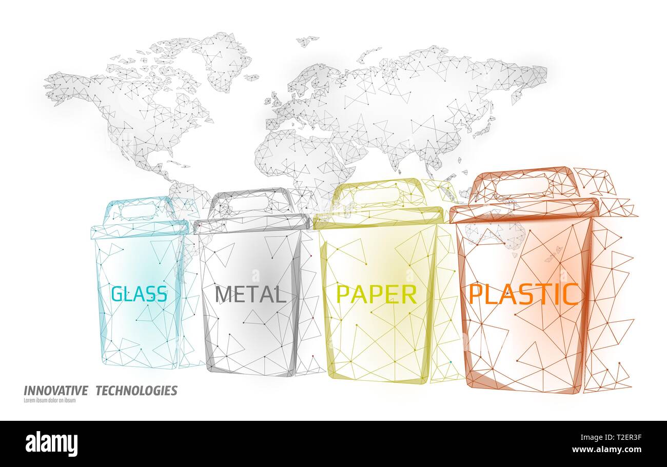 Low poly de séparation des déchets Carte du monde concept. Recycler les déchets de papier aluminium plastique contenant de verre bin. Sauver la planète écologique polygonale campagne. U Illustration de Vecteur