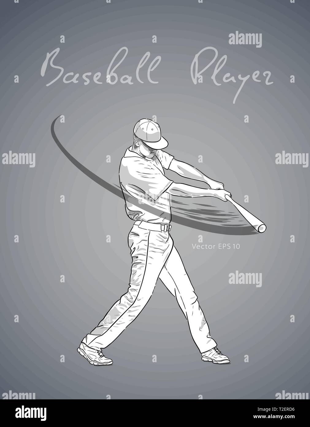 Illustration d'un joueur de baseball avec bat frapper la balle. Vector hand drawn illustration Illustration de Vecteur