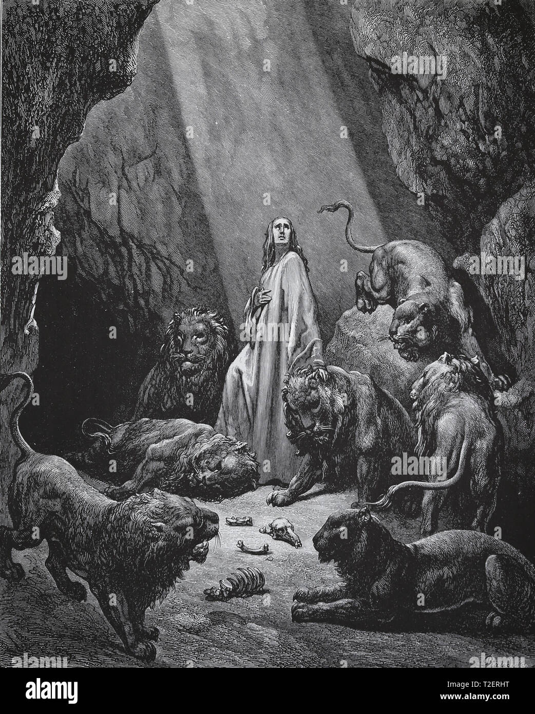 La Bible. Les Prophètes. Livre de Daniel. Daniel dans la fosse aux lions. Gravure de Gustave Dore, 1866. Banque D'Images