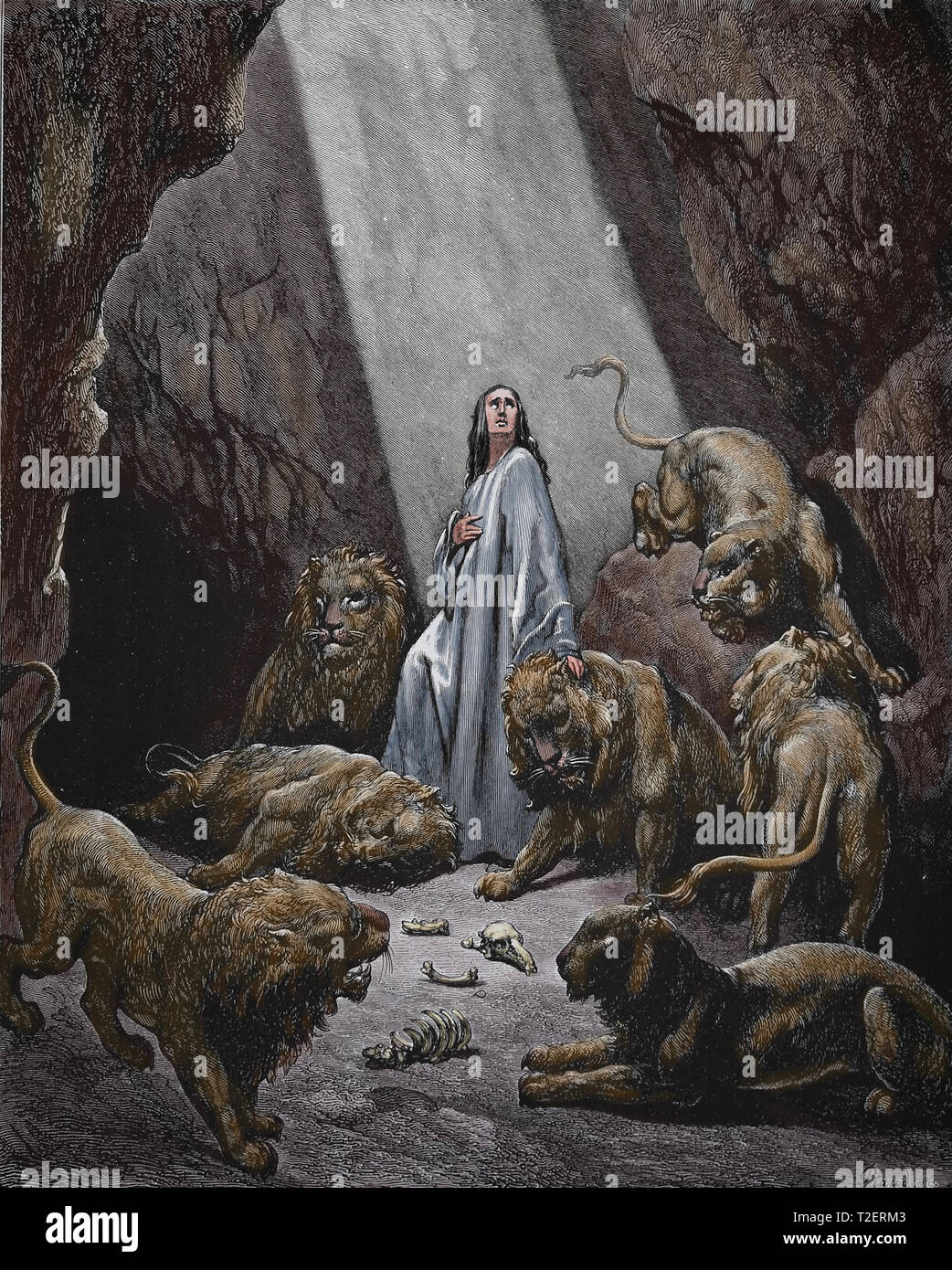 La Bible. Les Prophètes. Livre de Daniel. Daniel dans la fosse aux lions. Gravure de Gustave Dore, 1866. Banque D'Images