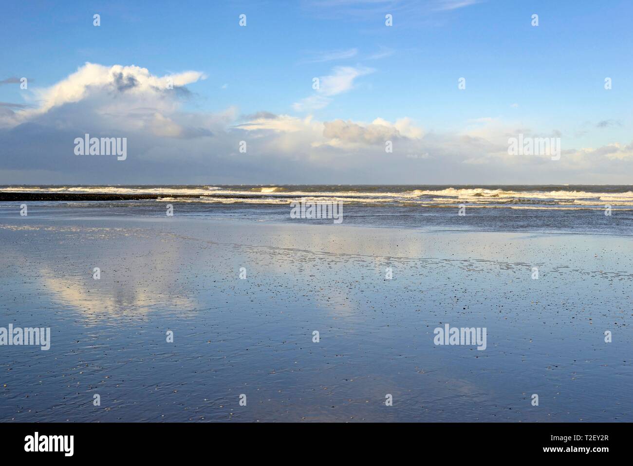Plage du Nord à marée basse, ciel nuageux reflétée dans le sable humide, Mer du Nord, Norderney, îles de la Frise orientale, Basse-Saxe, Allemagne Banque D'Images