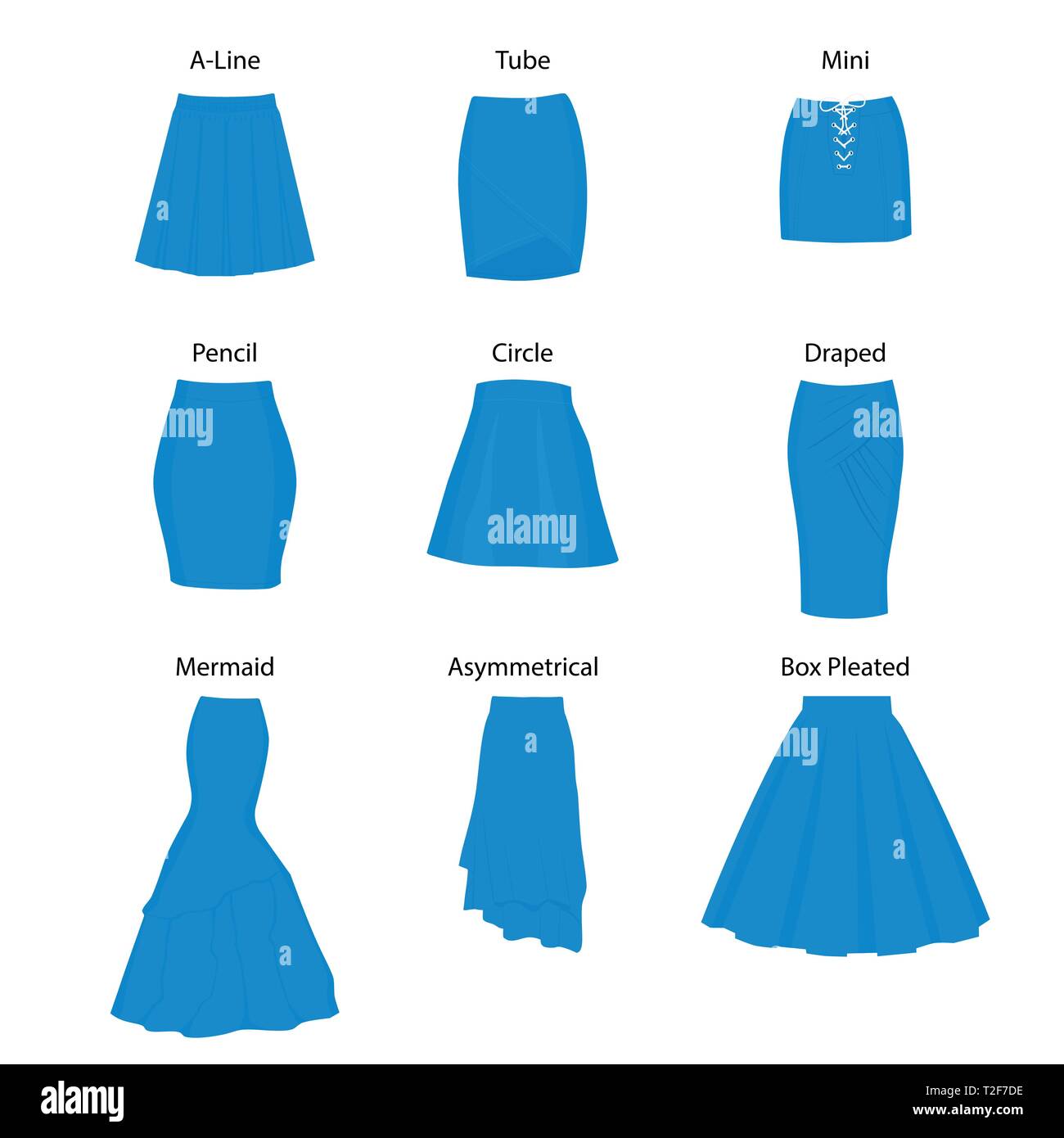 Ensemble de différents types de jupes. A-ligne, tube, mini, crayon, cercle,  drapés, sirène, plissé asymétrique et fort Image Vectorielle Stock - Alamy